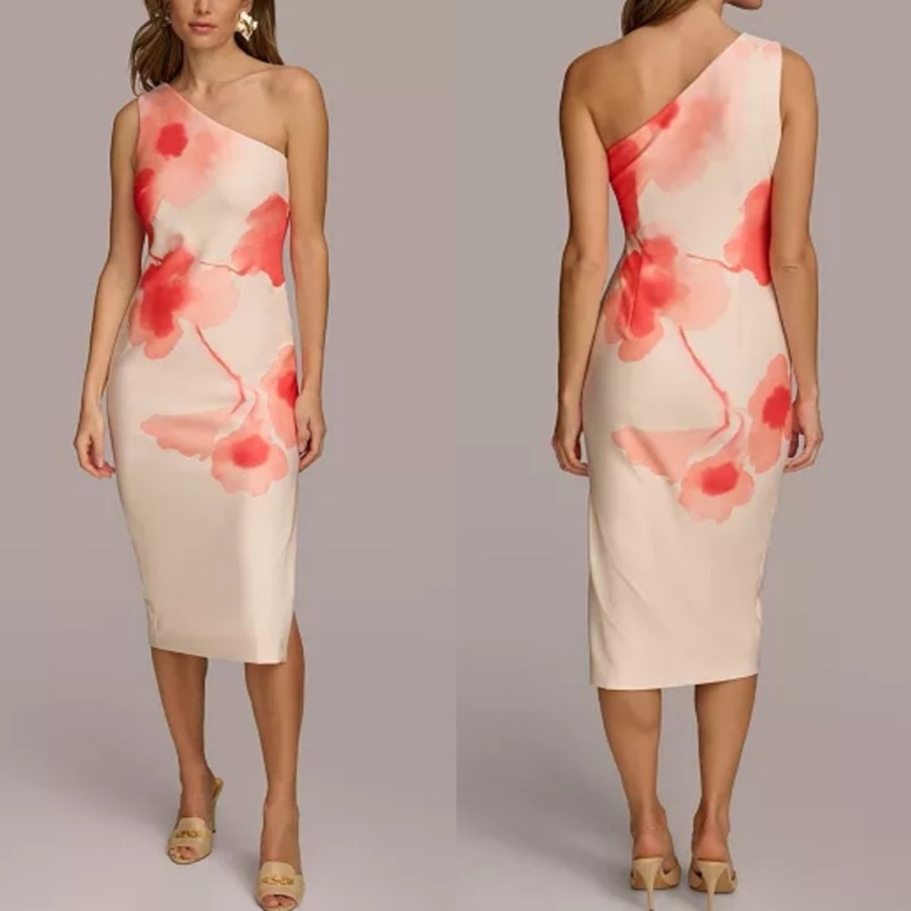Donna Karan One-Shoulder Midi Dress in Blush with Coral Floral Print